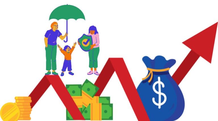 Illustration du dividende d'assurance vie : une famille avec un parapluie sur une ligne de croissance financière