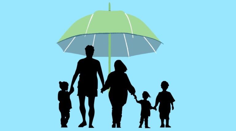 Illustration d'une famille sous un parapluie représentant l'assurance vie qui la protège